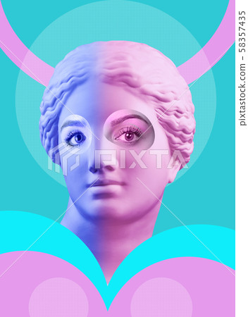 Contemporary art poster with ancient statue of Venus head and details of a living woman's face. 58357435