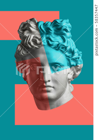 Contemporary art concept collage with antique statue head in a surreal style. Modern unusual art. Contemporary art concept collage with antique statue head in a surreal style. Modern unusual art. 58357447