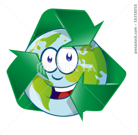 Planet Earth Cartoon Character on recyclin symbol Planet Earth Cartoon Character on recyclin symbol 58358058