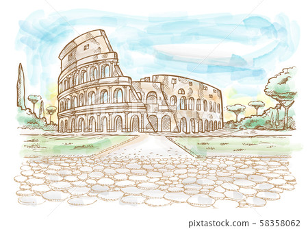 Rome Colosseum hand drawn watercolor 58358062