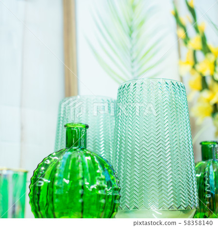 Close up composition of light green glass vases, Close up composition of light green glass vases, 58358140