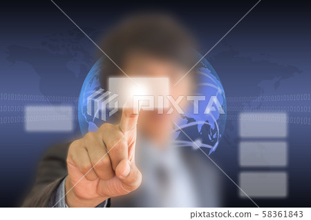 Businessman in blue suit working with digital Businessman in blue suit working with digital 58361843