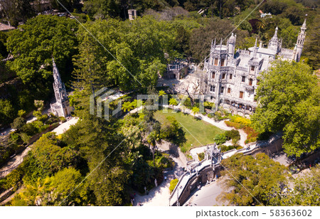 Quinta da Regaleira palace in the municipality of Sintra. Panoramic view from drone. Portugal 58363602