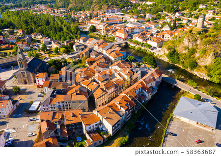 Aerial view of Tarascon-sur-Ariege with Church and castle tower Aerial view of Tarascon-sur-Ariege with Church and castle tower 58363687