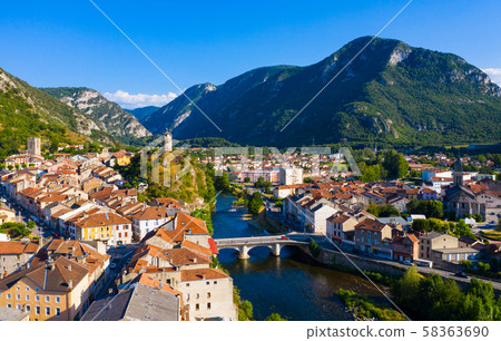 View of Tarascon-sur-Ariege surrounded by Pyrenees View of Tarascon-sur-Ariege surrounded by Pyrenees 58363690