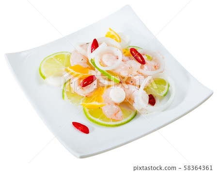 Ceviche with shrimps, lime, tangerine and hot pepper Ceviche with shrimps, lime, tangerine and hot pepper 58364361