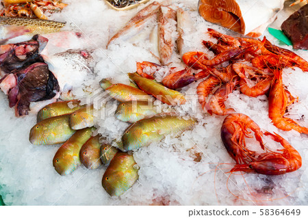 Showcase of seafood market 58364649