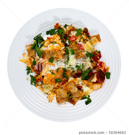 Scrambled eggs with bacon and sausage Scrambled eggs with bacon and sausage 58364683