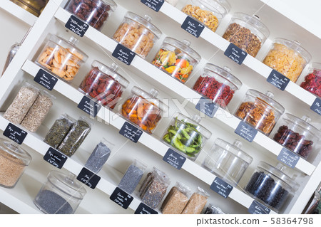 Illustration of showcase with dried fruits 58364798
