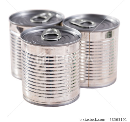 Three silver tin cans closeup 58365191