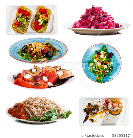 Many plates with different vegetarian food isolated on white background 58365317