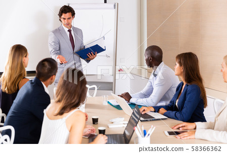 Man presenting business project to coworkers Man presenting business project to coworkers 58366362