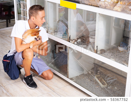 Boy with dog with interest looking at small aquarium with mouses 58367782