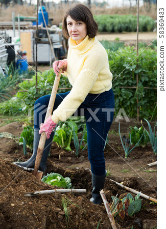 Woman digging soil in garden 58369483