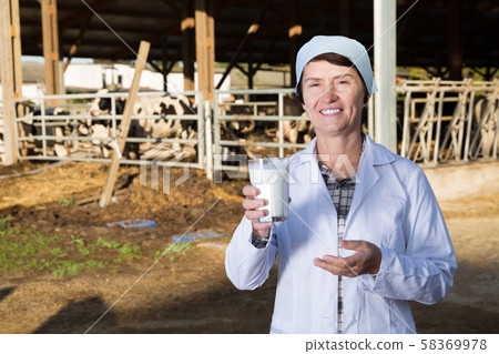 Mature woman cow milk in glass at cowshed on farm Mature woman cow milk in glass at cowshed on farm 58369978
