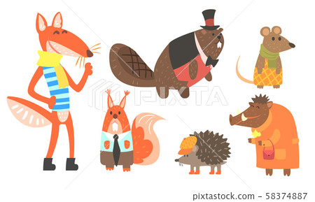 Cute Animals Cartoon Characters in Various Clothes Set, Fox, Squirrel, Beaver, Mouse, Hedgehog, Wild Cute Animals Cartoon Characters in Various Clothes Set, Fox, Squirrel, Beaver, Mouse, Hedgehog, Wild 58374887