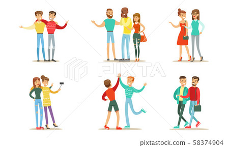 Friends Spending Good Time Together Set, Men and Women Meeting, Walking, Making Selfie, Giving High 58374904