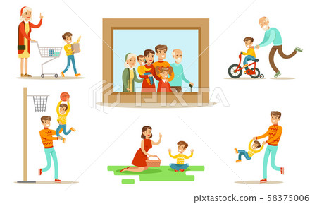 Happy Family Portrait, Grandparents, Parents and Children Having Good Time Together Set Flat Vector Happy Family Portrait, Grandparents, Parents and Children Having Good Time Together Set Flat Vector 58375006