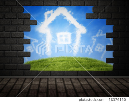 Cloud houses in hole in brick wall Cloud houses in hole in brick wall 58376130