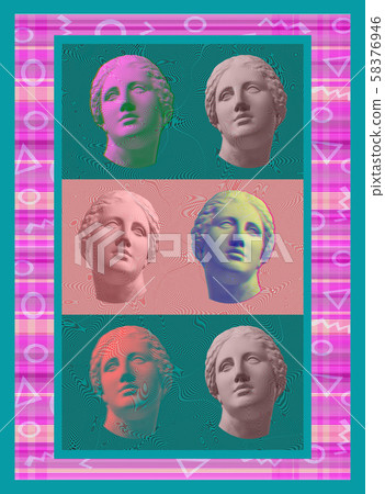 Contemporary art concept collage with antique statue head in a surreal style. Modern unusual art. Contemporary art concept collage with antique statue head in a surreal style. Modern unusual art. 58376946