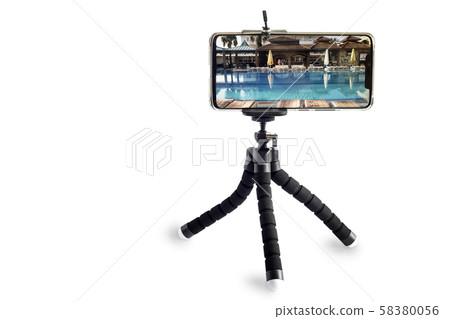 Smartphone and smartphone tripod on white background. 58380056