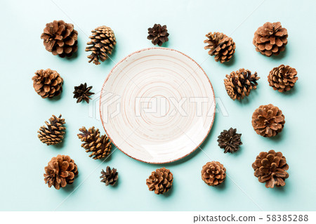 Top view of festive plate with pine cones on Top view of festive plate with pine cones on 58385288