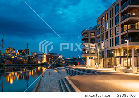 Oslo, Norway. Night View Embankment And Residential Multi-storey House On Sorengkaia Street In Gamle 58385466