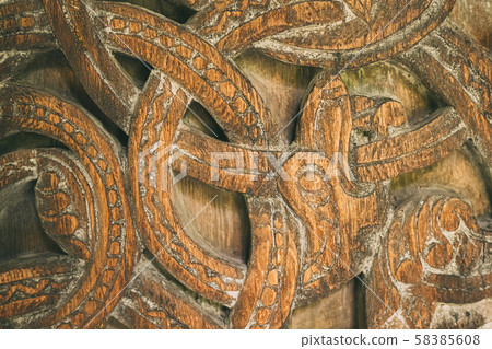Borgund, Norway. Carved Details Of Famous Wooden Norwegian Landmark Stavkirke. Ancient Old Wooden 58385608
