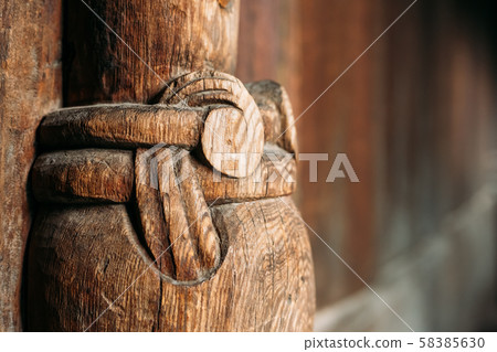 Borgund, Norway. Carved Details Of Famous Wooden Norwegian Landmark Stavkirke. Ancient Old Wooden 58385630