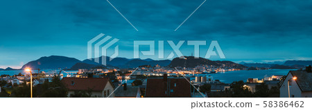 Alesund, Norway. Night Alesund Skyline Cityscape. Historical Center In Summer Evening. Famous 58386462