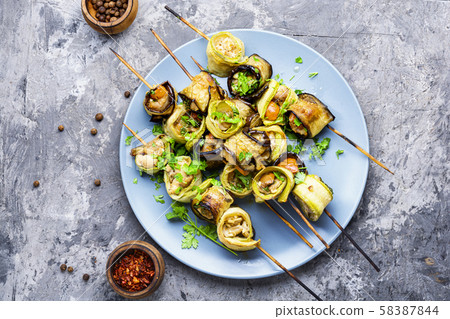 Eggplant with meat on skewers Eggplant with meat on skewers 58387844