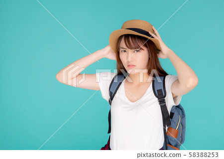 Beautiful young asian woman upset and worry travel summer trip in abroad isolated 58388253
