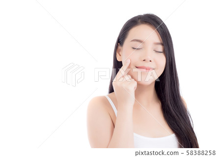 Portrait of beautiful woman asian makeup of cosmetic, girl hand touch cheek and smile attractive 58388258