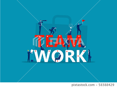 Team work word. Little people build word teamwork together. Creating a business project. Team work word. Little people build word teamwork together. Creating a business project. 58388429