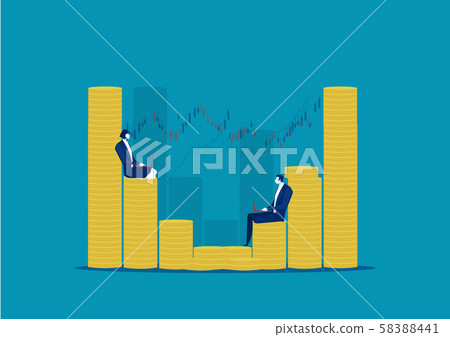 businesswoman working while sitting on different size of coins stack. and make money concept. 58388441