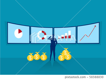 businessmen is standing in back of a whiteboard with financial charts. Businessmen present and discuss financial charts. Vector flat illustration. For business, infographic, information. 58388830
