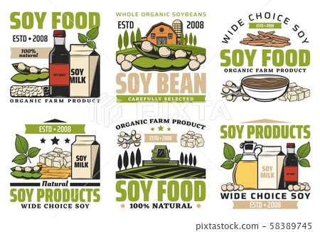 Soy beans food. Milk, meat, sauce icons 58389745