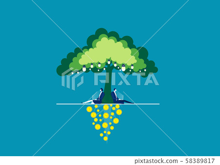 business woman and man Sitting Under Tree and Communicating Via Internet Using notbook for create idea and made money with business green world concept Vector Illustration 58389817