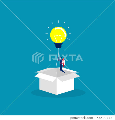 businessman start up with Light idea bulb ejected from cardboard box. Concept of startup, creative idea, leadership, business success or inspiration. Vector illustratio 58390748