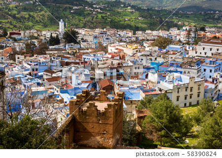 Blue town Chefchaouen Morocco. Aerial panoramic view Blue town Chefchaouen Morocco. Aerial panoramic view 58390824
