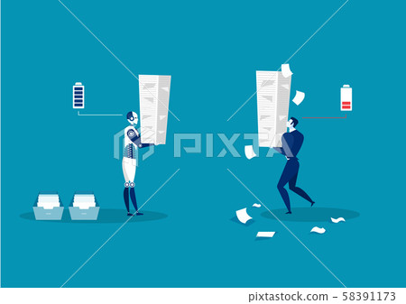 Robot vs man. Human humanoid robot work with many paper menagment.vector illustrator Robot vs man. Human humanoid robot work with many paper menagment.vector illustrator 58391173