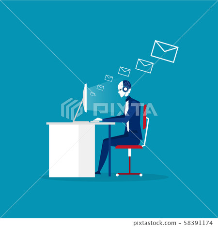 Artificial intelligence robot working on laptop for send massage on blue background vector illustration. Artificial intelligence robot working on laptop for send massage on blue background vector illustration. 58391174