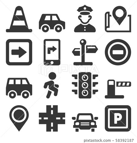 Car Traffic and Driving Icons Set on White Background. Vector Car Traffic and Driving Icons Set on White Background. Vector 58392187