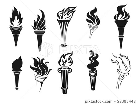 Burning torches with fire, icons Burning torches with fire, icons 58393448
