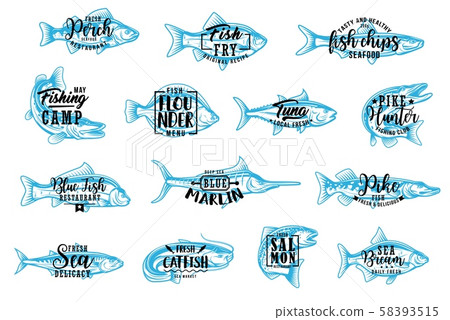 Seafood and fishing sport lettering icons Seafood and fishing sport lettering icons 58393515