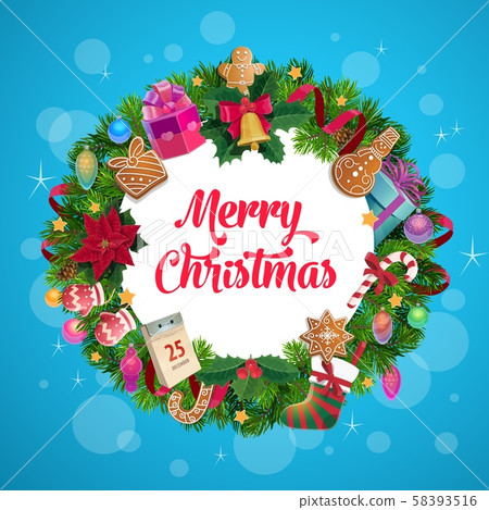 Christmas wreath with Xmas gifts, stocking, balls Christmas wreath with Xmas gifts, stocking, balls 58393516