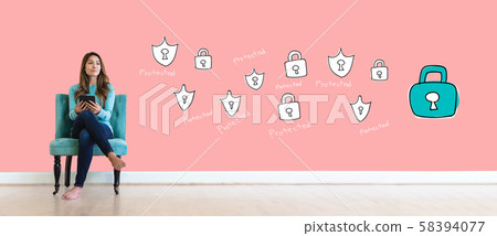 Cyber security theme with young woman Cyber security theme with young woman 58394077