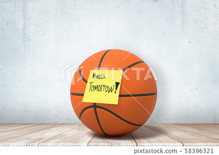 3d close-up rendering of a basketball on wooden floor, with yellow sticky note on ball that reads 58396321