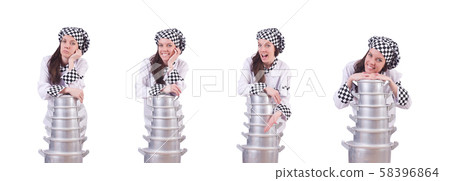 Cook with stack of pots on white Cook with stack of pots on white 58396864