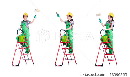 Woman repair worker with ladder Woman repair worker with ladder 58396865